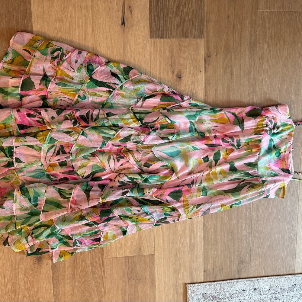 Storia Pink and Green Leaf Print A-Line Skirt